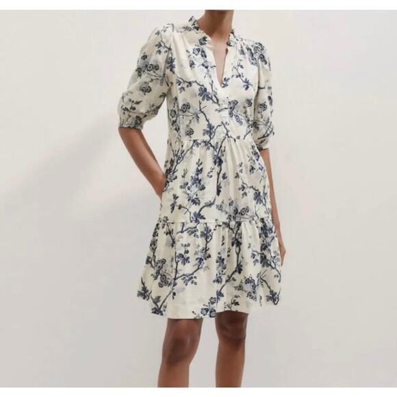 Me + Em Women's 10 Cream Modern Botanical Print Tiered Short Dress Blue Floral - Picture 1 of 15